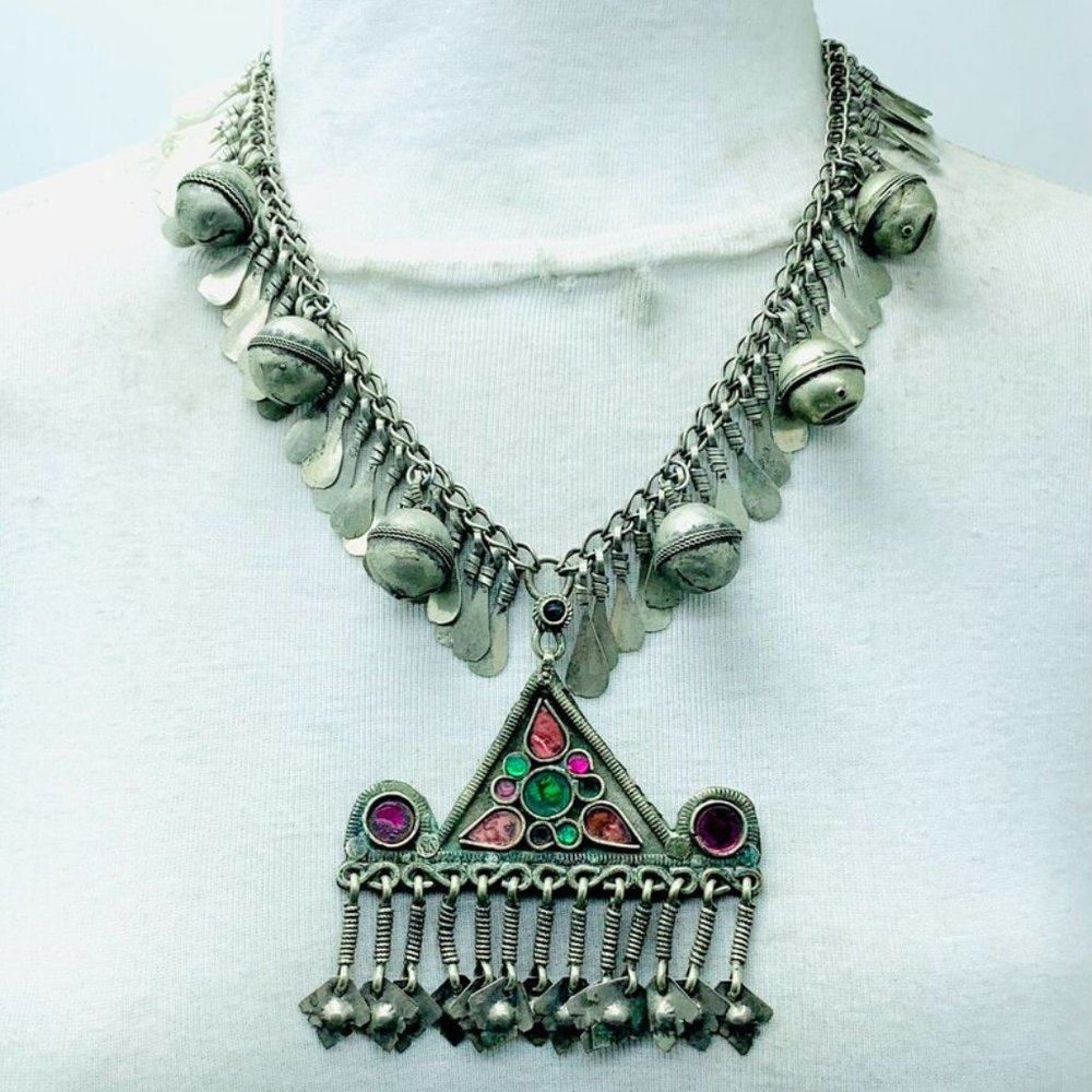 Afghan Long Pendant Necklace, Afghan Necklace With Big Bells